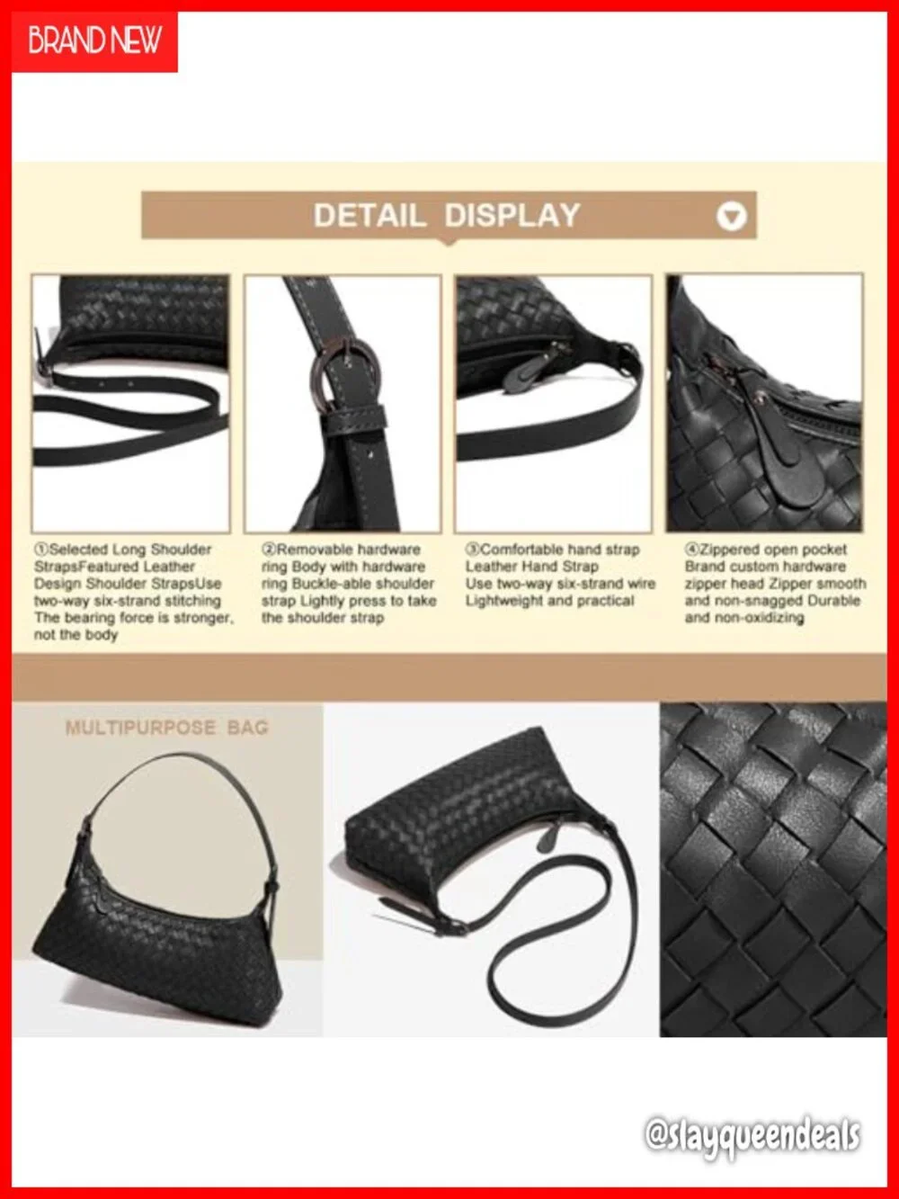 Woven Faux Leather Hobo Bag Crossbody Shoulder Purse with Adjustable Strap